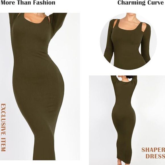 NEW! Olive Cutout Maxi Dress  w/ built in bra + shapewear lining! MEDIUM - Picture 2 of 6